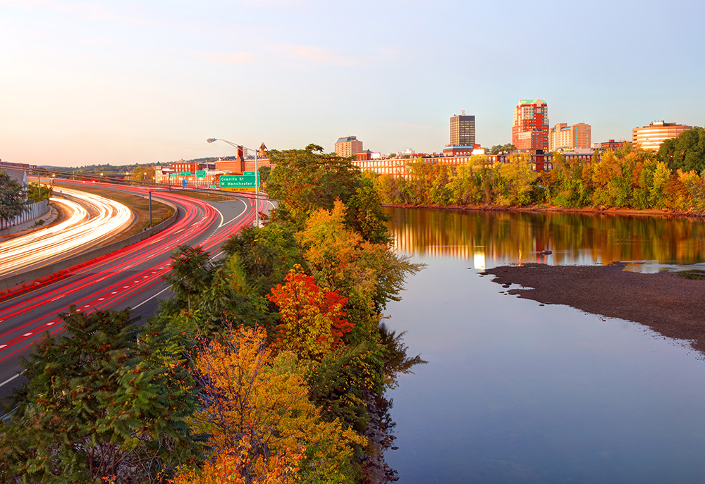 An autumn view of Manchester across the river 