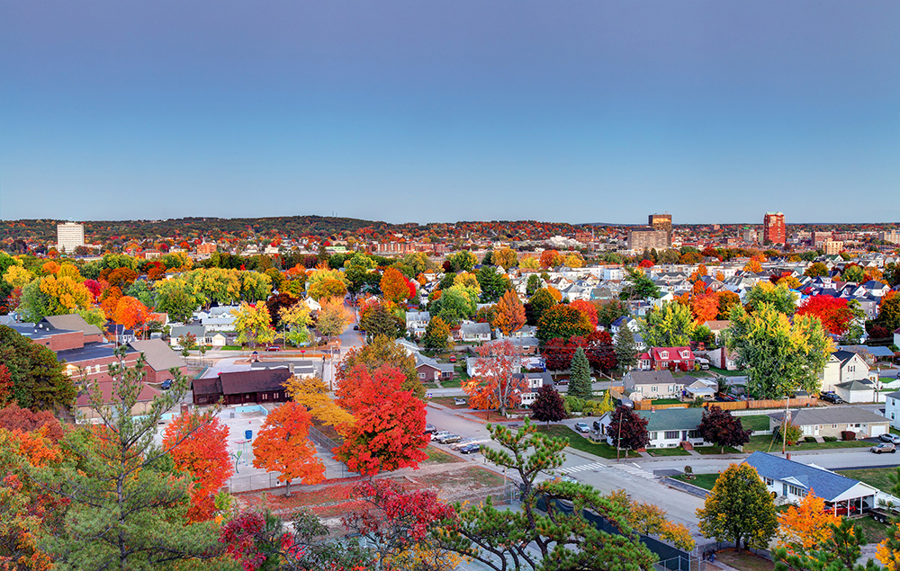 Aerial view of Manchester, NH in the fall